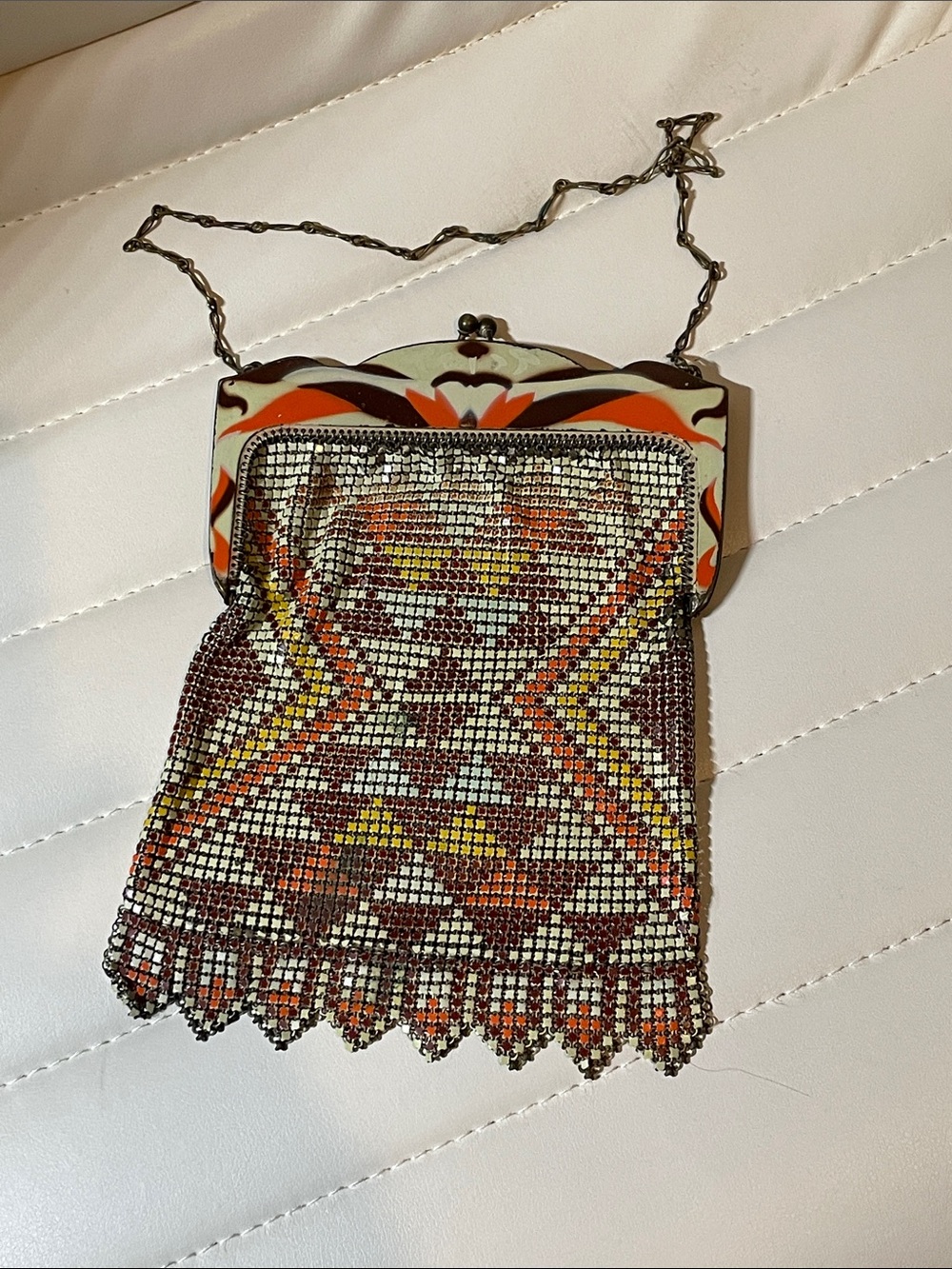 Whiting & Davis Vintage Enamel Mesh Evening Bag in Brown & Orange